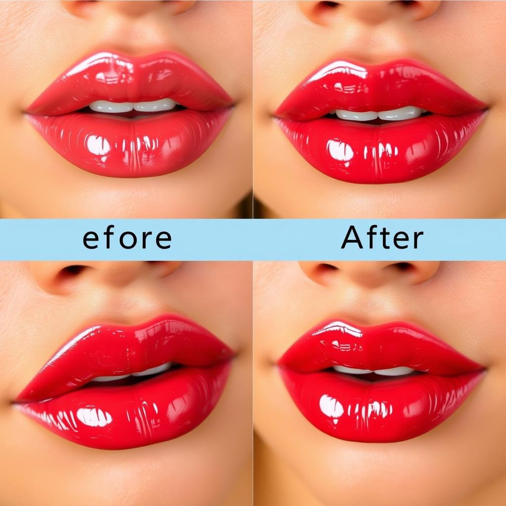 Before and after showing lip gloss creating fuller appearance Before and after showing lip gloss creating fuller appearance