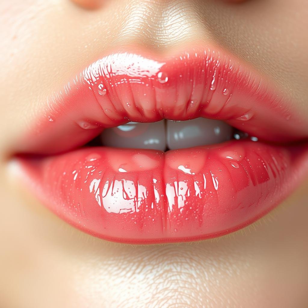 Close-up of hydrated lips with lip gloss Close-up of hydrated lips with lip gloss