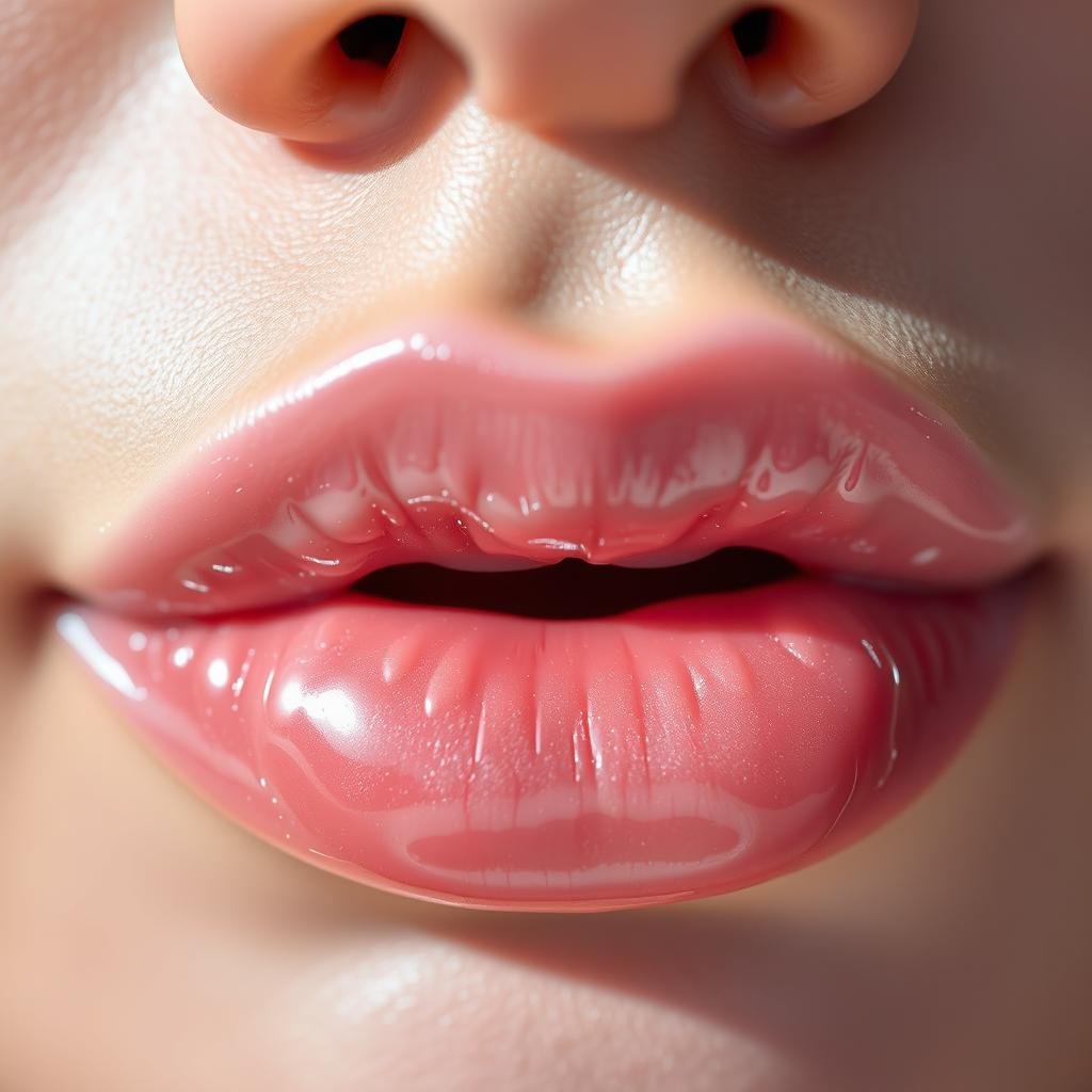 Close-up of lips wearing clear high-shine lip gloss Close-up of lips wearing clear high-shine lip gloss