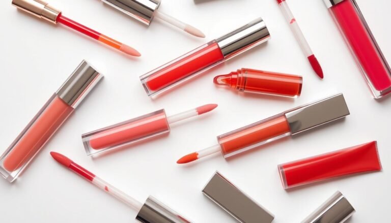 Various lip gloss products displayed with different finishes and applicators