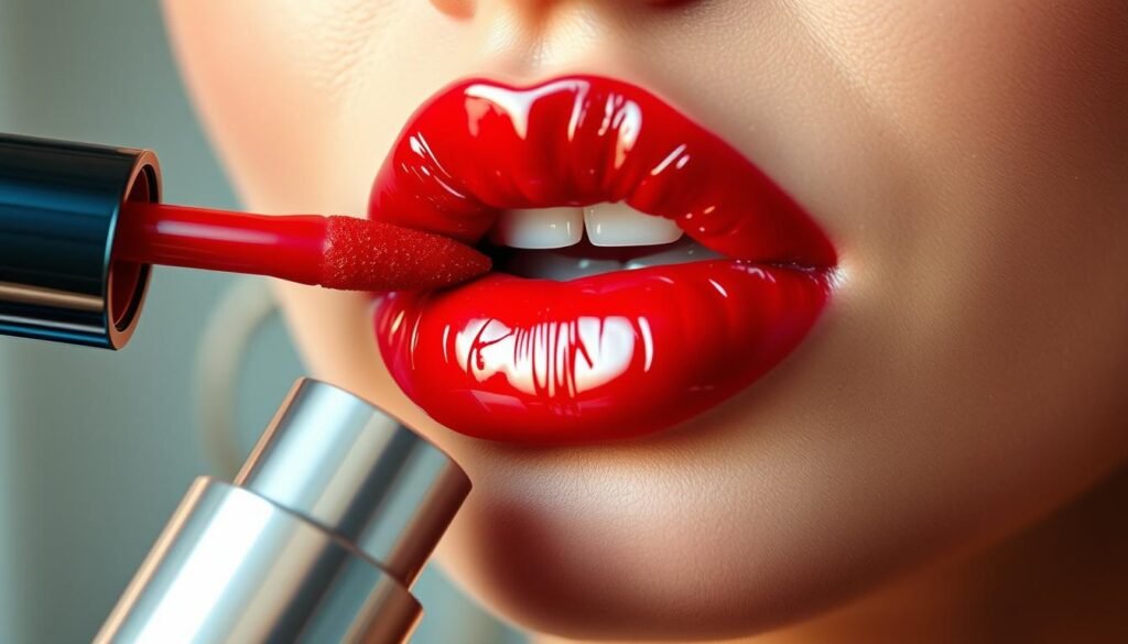 red lip gloss application